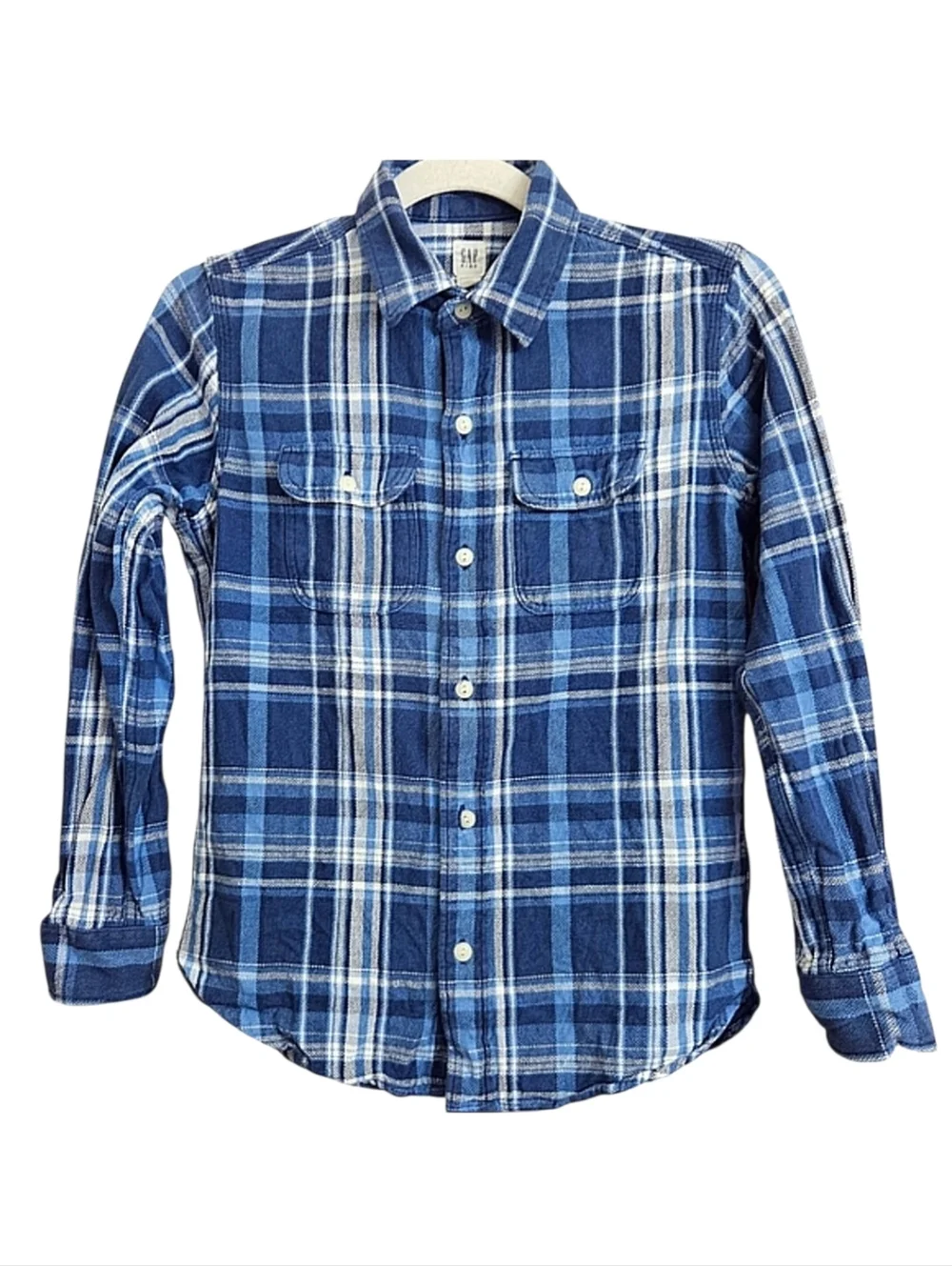Gap Boys Blue & White Thick Textured Plaid Flannel Button Down Shirt 10-11Y